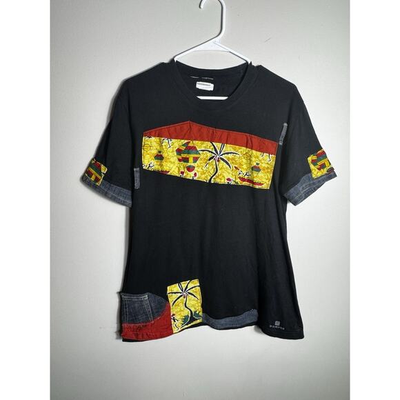 Handcrafted African Print Patchwork Denim Shirt – Unique Bohemian Style Large - Picture 1 of 8
